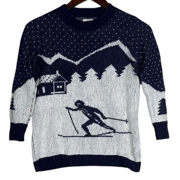 J. Crew Intarsia Novelty Ski Scene Wool  Blend Crew Neck Sweater XS Navy Blue - Picture 14 of 15